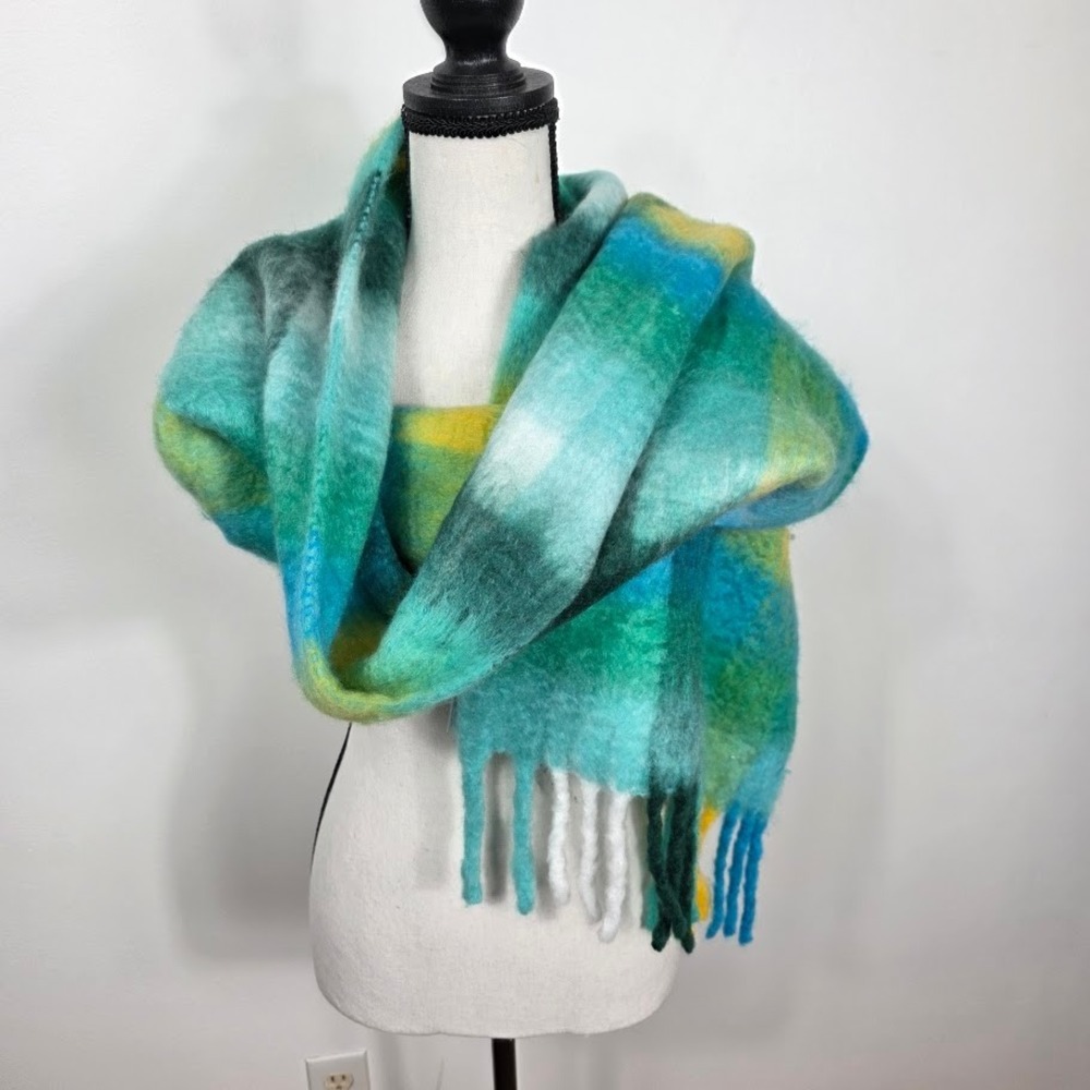Talbots Plaid Fringe Scarf Women Teal Blue‎ Yellow Green Acrylic Nylon